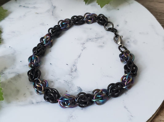 Chainmaille Bracelet in Black Stainless and Rainbow Niobium