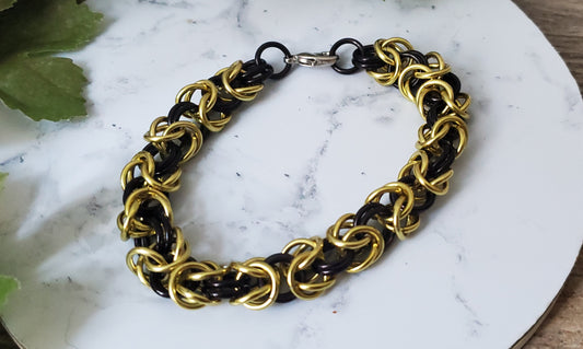 Black and Yellow Anodized Aluminum Byzantine Weave Bracelet