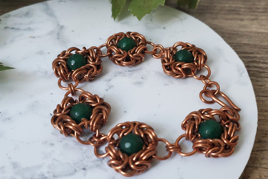 Copper Chainmaille Bracelet with Byzantine Flowers and Jade Bead Accents