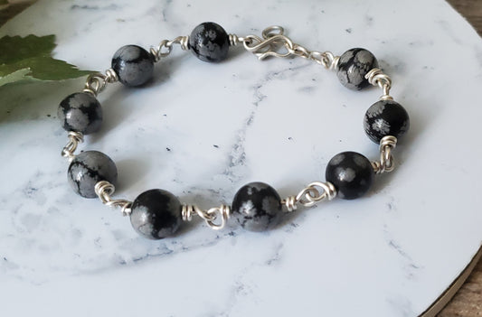 Sterling Silver Bracelet with Snowflake Obsidian Beads
