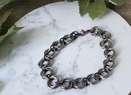 Stainless Steel and Purple Titanium Chainmaille Bracelet - Mobius Chain Link, 8" Long, Hypoallergenic, Unisex