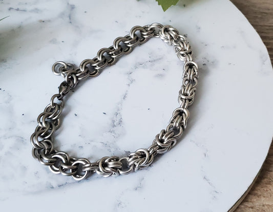 Stainless Steel and Jewelry Grade Aluminum Chainmaille Bracelet - Rosette Weave, 7.5" Long, Hypoallergenic