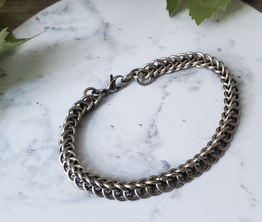 Stainless Steel Chainmaille Bracelet - Half Persian Weave, Unisex, Hypoallergenic, 8" Long