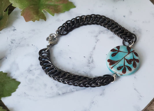 Blackened Stainless Steel Bracelet - Flat Full Persian Weave, 8" Long, Ceramic Focal