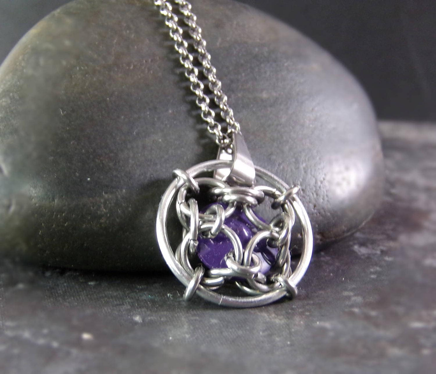 Stainless Steel Chainmaille Pendant - Purple Swarovski Crystal Pendant - Original Pendant Design - Chainmaille Jewelry  - Quarter Pendant