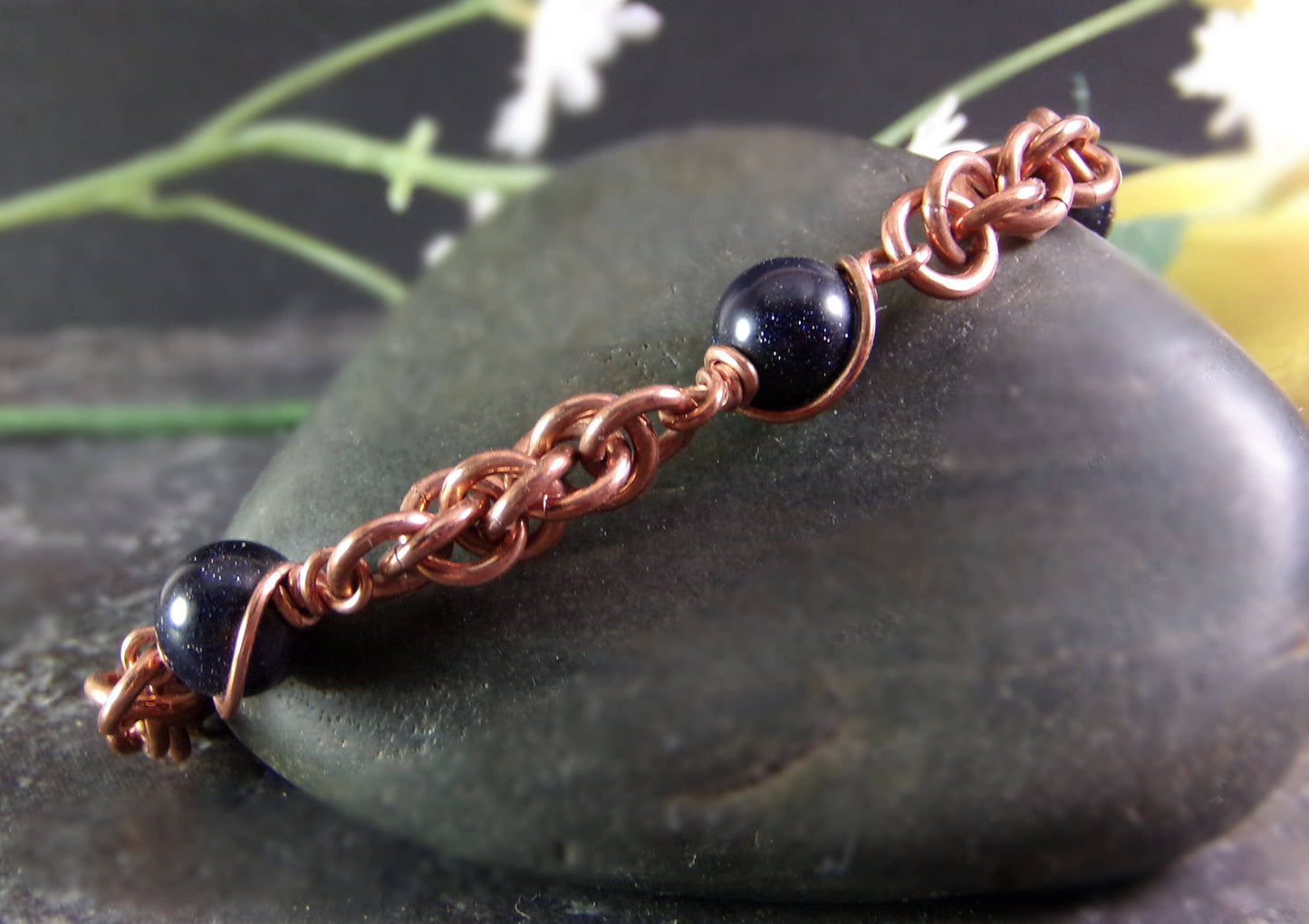 Copper Chainmaille Bracelet - Beaded Chainmaille Bracelet -Jens Pind Linkage - Blue Goldstone Jewelry - Women&#39;s chainmaille bracelet