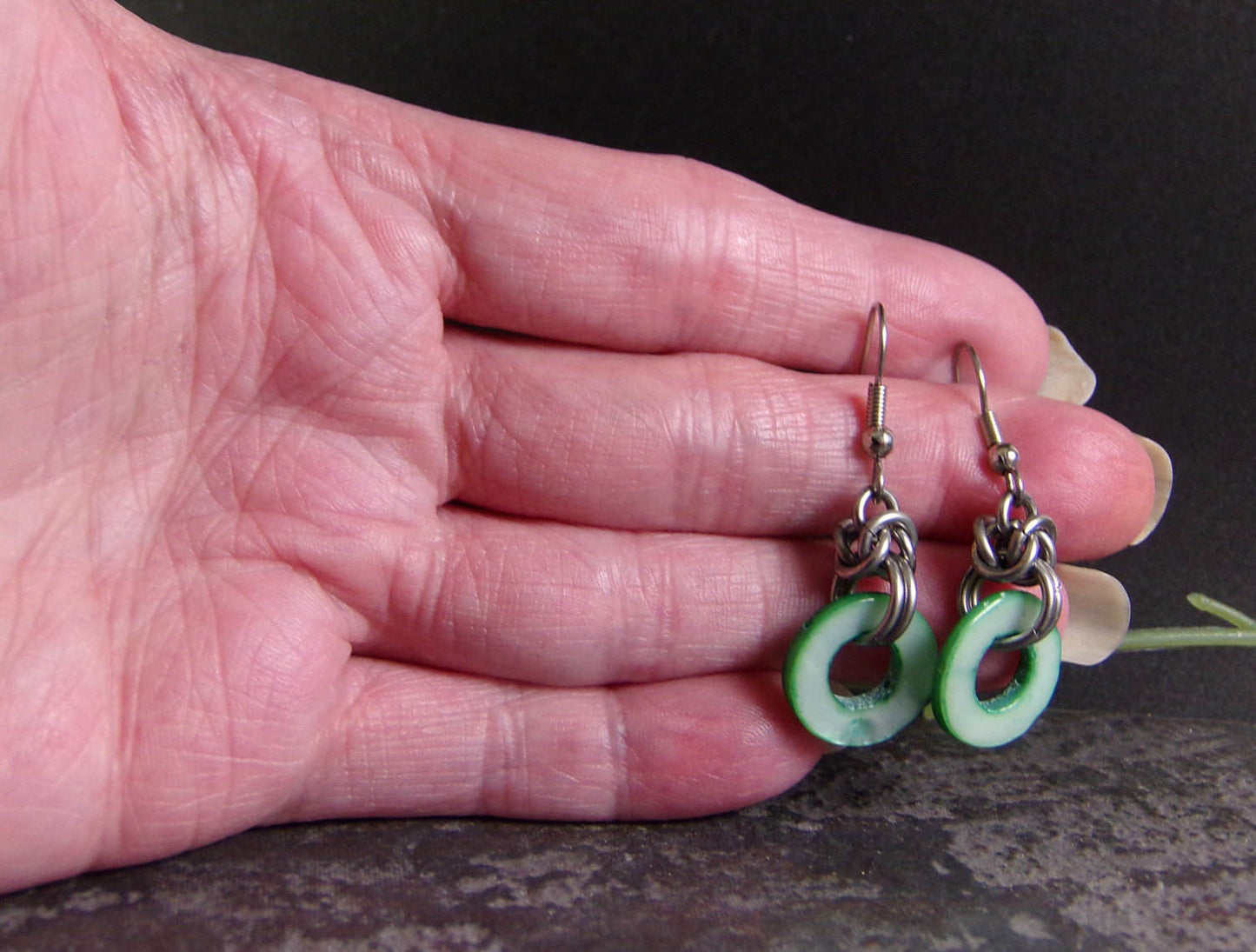 Stainless Steel Chainmaille Earrings - Rocker Earrings - Stainless steel and Green shell Earrings - Earrings for Teens - Edgy Earrings