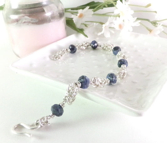 Sterling Silver and Lapis Lazuli Bracelet - Gemstone Bracelet - Sterling Silver bracelet- 25th anniversary - Chainmaille bracelet