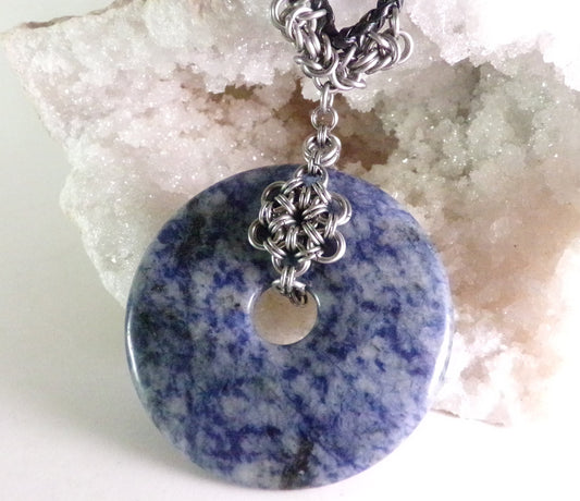 Gemstone Donut Pendant - Stainless Steel Chainmaille Pendant - Lapis Lazuli Pendant
