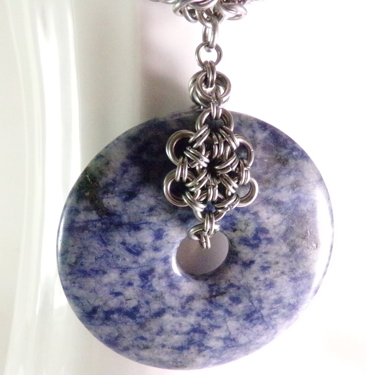 Gemstone Donut Pendant - Stainless Steel Chainmaille Pendant - Lapis Lazuli Pendant